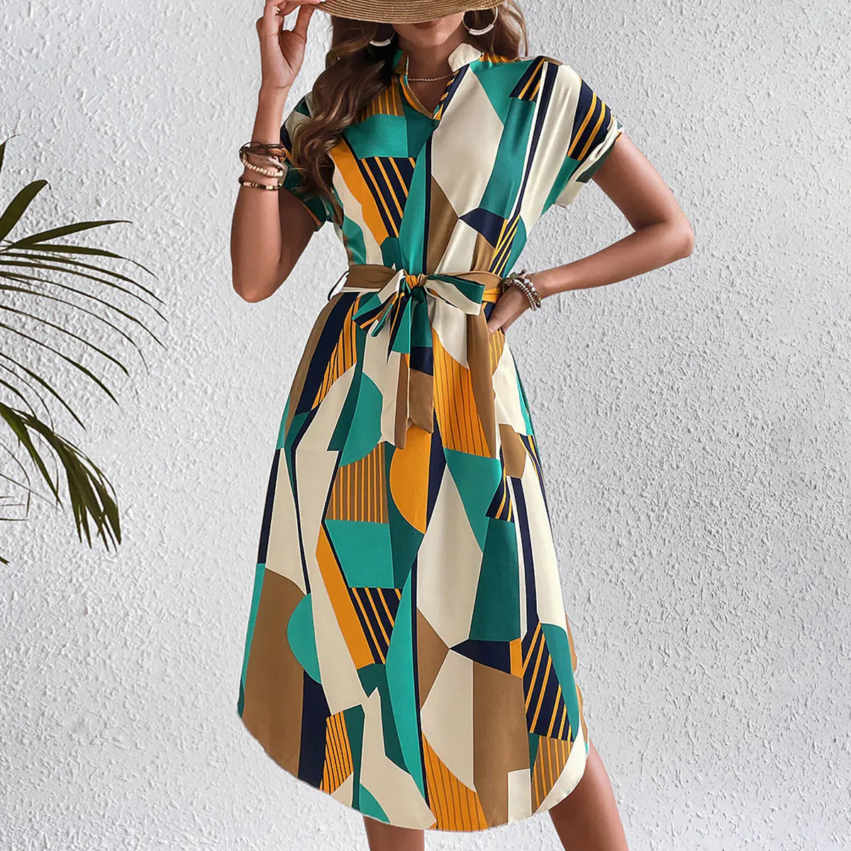 Women's Batwing Sleeve Printed Belted Dress