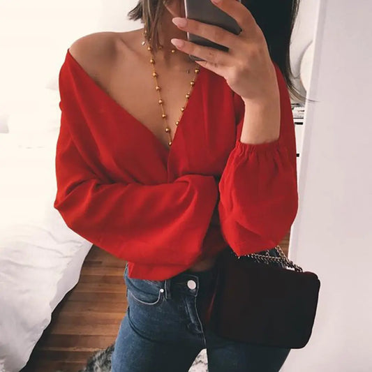 V-Neck Long Sleeve Chiffon Blouse